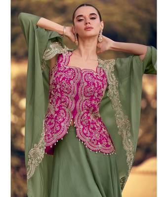 Mehendi chinon readymade shrug suit with heavy embroidery - full stitched free size 2