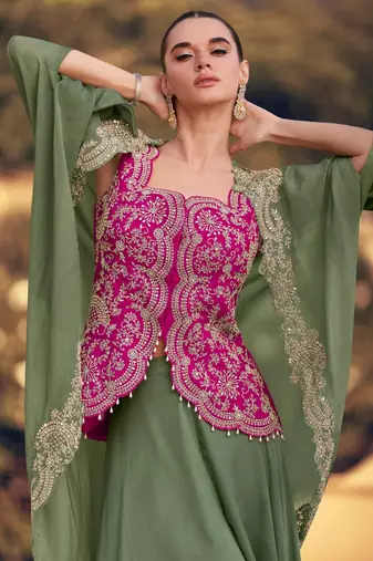 Mehendi chinon readymade shrug suit with heavy embroidery - full stitched free size