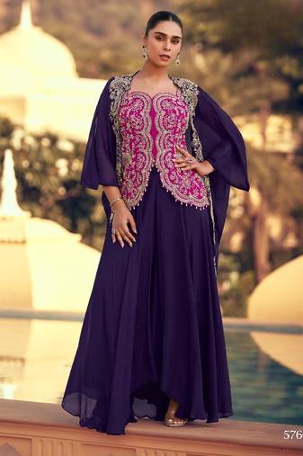 Violet chinon readymade shrug suit with heavy embroidery work - full stitched free size