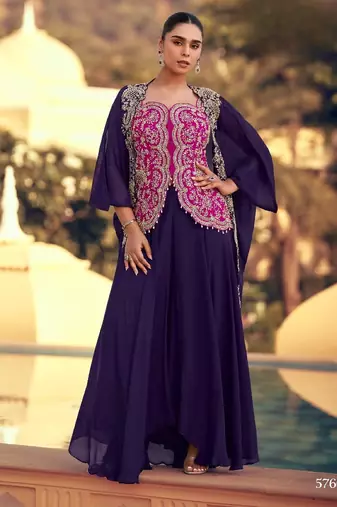 Violet chinon readymade shrug suit with heavy embroidery work - full stitched free size