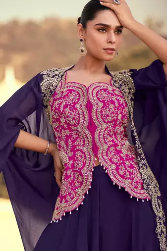 Violet chinon readymade shrug suit with heavy embroidery - full stitched free size