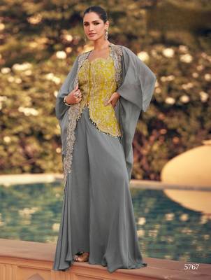 Grey chinon readymade shrug suit with heavy embroidery - full stitched free size 1