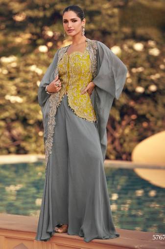 Grey chinon readymade shrug suit with heavy embroidery work - full stitched free size