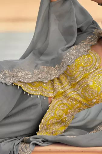 Grey chinon readymade shrug suit with heavy embroidery - full stitched free size