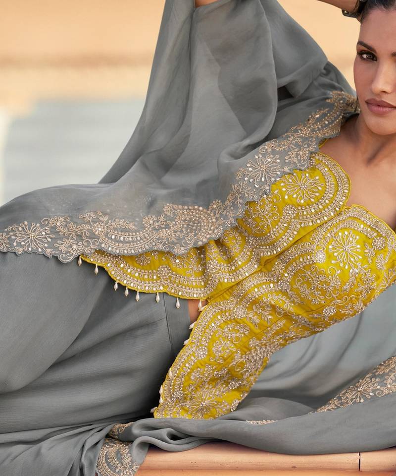 Grey chinon readymade shrug suit with heavy embroidery work - full stitched free size