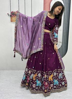 Wine Vichitra Silk Heavy Thread Sequence Work Lehenga Choli Set with Dupatta • Fully Stitched Lehenga • Stitched Blouse 2