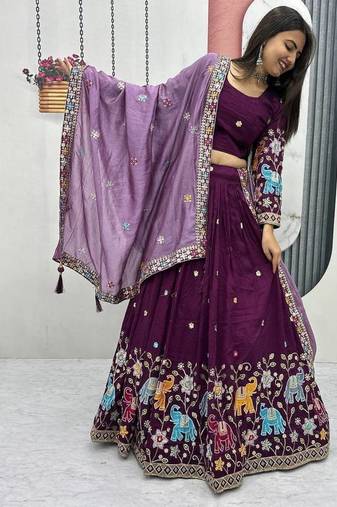 Wine Vichitra Silk Heavy Thread Sequence Work Lehenga Choli Set with Dupatta • Fully Stitched Lehenga • Stitched Blouse