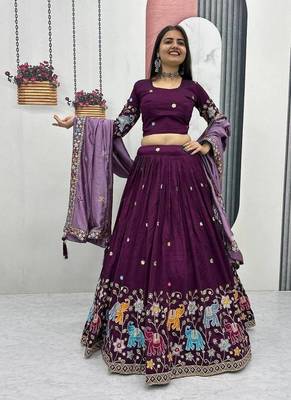 Wine Vichitra Silk Heavy Thread Sequence Work Lehenga Choli Set with Dupatta • Fully Stitched Lehenga • Stitched Blouse 1