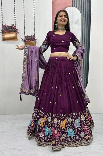 Wine Vichitra Silk Heavy Thread Sequence Work Lehenga Choli Set with Dupatta • Fully Stitched Lehenga • Stitched Blouse