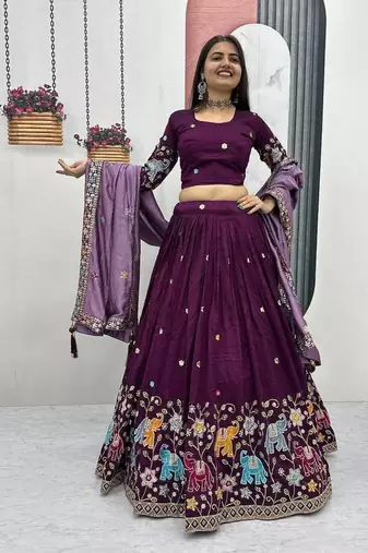 Wine Vichitra Silk Heavy Thread Sequence Work Lehenga Choli Set with Dupatta • Fully Stitched Lehenga • Stitched Blouse