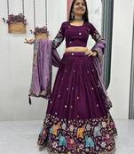 Wine Vichitra Silk Heavy Thread Sequence Work Lehenga Choli Set with Dupatta • Fully Stitched Lehenga • Stitched Blouse