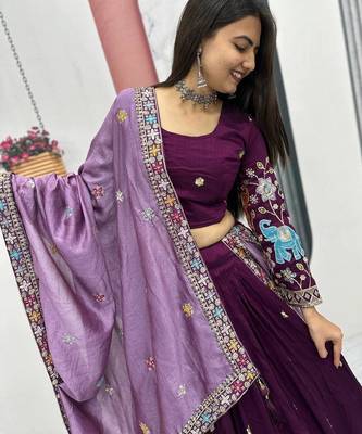 Wine Vichitra Silk Heavy Thread Sequence Work Lehenga Choli Set with Dupatta • Fully Stitched Lehenga • Stitched Blouse 3