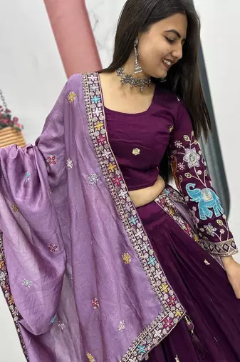 Wine Vichitra Silk Heavy Thread Sequence Work Lehenga Choli Set with Dupatta • Fully Stitched Lehenga • Stitched Blouse