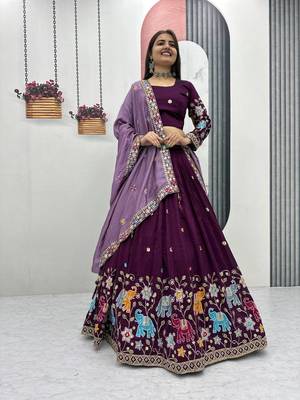 Wine Vichitra Silk Heavy Thread Sequence Work Lehenga Choli Set with Dupatta • Fully Stitched Lehenga • Stitched Blouse 4