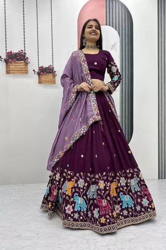 Wine Vichitra Silk Heavy Thread Sequence Work Lehenga Choli Set with Dupatta • Fully Stitched Lehenga • Stitched Blouse