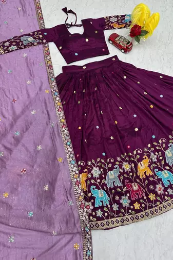 Wine Vichitra Silk Heavy Thread Sequence Work Lehenga Choli Set with Dupatta • Fully Stitched Lehenga • Stitched Blouse
