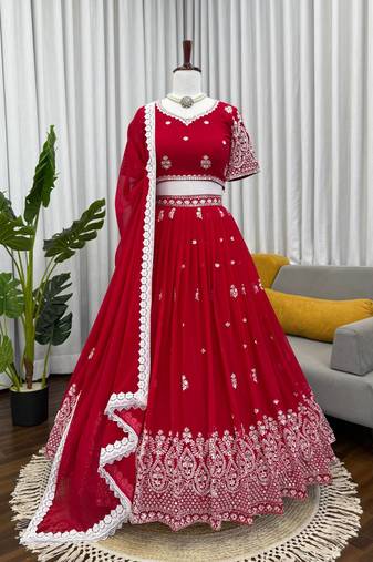 Red Faux Georgette Sequins Thread Work Lehenga Choli Set with Dupatta,Fully Stitched Lehenga,Unstitched Blouse