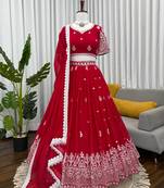 Red Faux Georgette Sequins Thread Work Lehenga Choli Set with Dupatta,Fully Stitched Lehenga,Unstitched Blouse