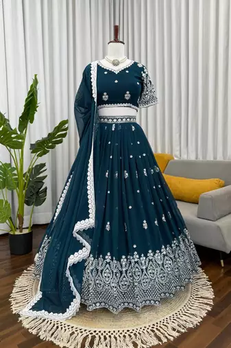 Blue Faux Georgette Sequins Thread Work Lehenga Choli Set with Dupatta,Fully Stitched Lehenga,Unstitched Blouse