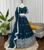 Blue Faux Georgette Sequins Thread Work Lehenga Choli Set with Dupatta,Fully Stitched Lehenga,Unstitched Blouse
