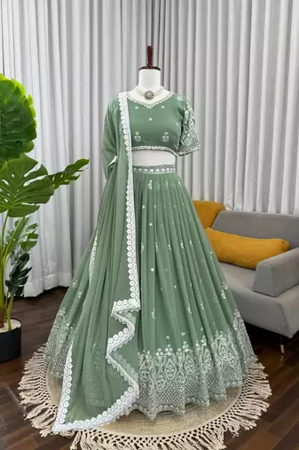 peastel Faux Georgette Sequins Thread Work Lehenga Choli Set with Dupatta,Fully Stitched Lehenga,Unstitched Blouse