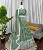 peastel Faux Georgette Sequins Thread Work Lehenga Choli Set with Dupatta,Fully Stitched Lehenga,Unstitched Blouse