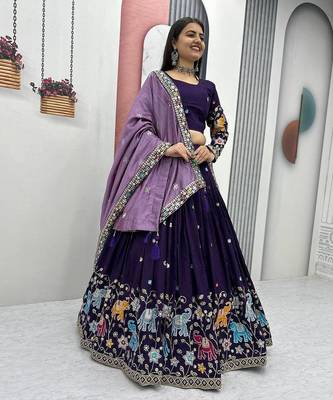 Purple Vichitra Silk Heavy Thread Sequence Work Lehenga Choli Set with Dupatta,Fully Stitched Lehenga-Blouse 1