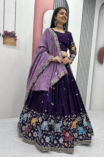 Purple Vichitra Silk Heavy Thread Sequence Work Lehenga Choli Set with Dupatta,Fully Stitched Lehenga-Blouse