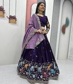 Purple Vichitra Silk Heavy Thread Sequence Work Lehenga Choli Set with Dupatta,Fully Stitched Lehenga-Blouse