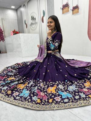 Purple Vichitra Silk Heavy Thread Sequence Work Lehenga Choli Set with Dupatta,Fully Stitched Lehenga-Blouse 2