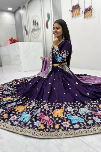 Purple Vichitra Silk Heavy Thread Sequence Work Lehenga Choli Set with Dupatta,Fully Stitched Lehenga-Blouse