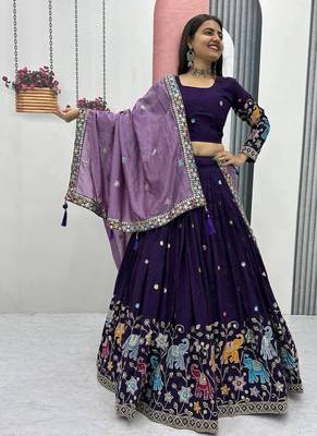 Purple Vichitra Silk Heavy Thread Sequence Work Lehenga Choli Set with Dupatta,Fully Stitched Lehenga-Blouse 3