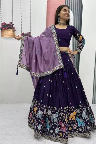 Purple Vichitra Silk Heavy Thread Sequence Work Lehenga Choli Set with Dupatta,Fully Stitched Lehenga-Blouse