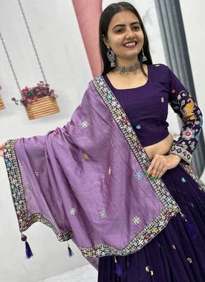 Purple Vichitra Silk Heavy Thread Sequence Work Lehenga Choli Set with Dupatta,Fully Stitched Lehenga-Blouse 4