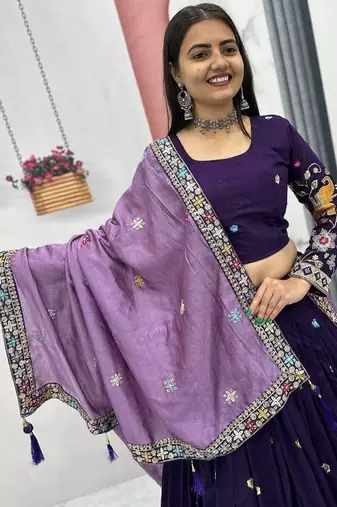 Purple Vichitra Silk Heavy Thread Sequence Work Lehenga Choli Set with Dupatta,Fully Stitched Lehenga-Blouse