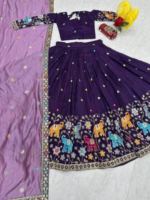 Purple Vichitra Silk Heavy Thread Sequence Work Lehenga Choli Set with Dupatta,Fully Stitched Lehenga-Blouse 5
