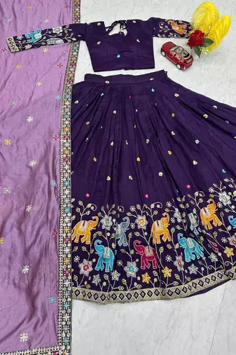 Purple Vichitra Silk Heavy Thread Sequence Work Lehenga Choli Set with Dupatta,Fully Stitched Lehenga-Blouse