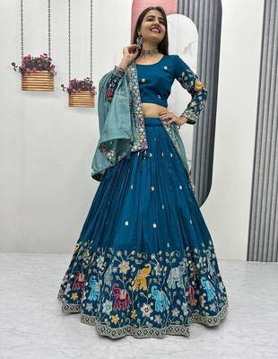 teal blue Vichitra Silk Heavy Thread Sequence Work Lehenga Choli Set with Dupatta,Fully Stitched Lehenga-Blouse 1