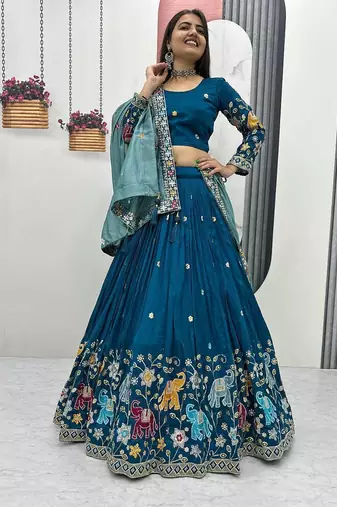 teal blue Vichitra Silk Heavy Thread Sequence Work Lehenga Choli Set with Dupatta,Fully Stitched Lehenga-Blouse
