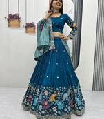teal blue Vichitra Silk Heavy Thread Sequence Work Lehenga Choli Set with Dupatta,Fully Stitched Lehenga-Blouse