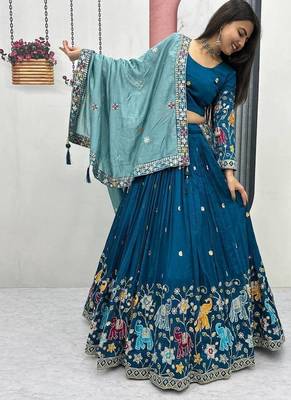 teal blue Vichitra Silk Heavy Thread Sequence Work Lehenga Choli Set with Dupatta,Fully Stitched Lehenga-Blouse 2