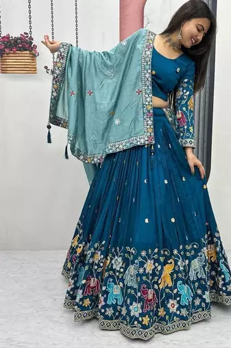 teal blue Vichitra Silk Heavy Thread Sequence Work Lehenga Choli Set with Dupatta,Fully Stitched Lehenga-Blouse