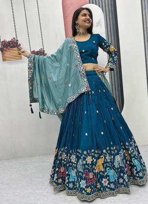 teal blue Vichitra Silk Heavy Thread Sequence Work Lehenga Choli Set with Dupatta,Fully Stitched Lehenga-Blouse 3