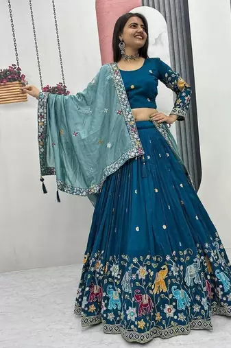 teal blue Vichitra Silk Heavy Thread Sequence Work Lehenga Choli Set with Dupatta,Fully Stitched Lehenga-Blouse