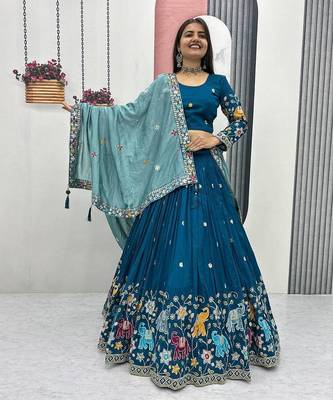teal blue Vichitra Silk Heavy Thread Sequence Work Lehenga Choli Set with Dupatta,Fully Stitched Lehenga-Blouse 4