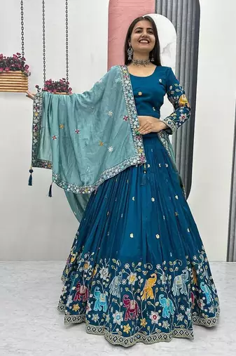 teal blue Vichitra Silk Heavy Thread Sequence Work Lehenga Choli Set with Dupatta,Fully Stitched Lehenga-Blouse