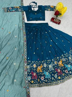 teal blue Vichitra Silk Heavy Thread Sequence Work Lehenga Choli Set with Dupatta,Fully Stitched Lehenga-Blouse 5