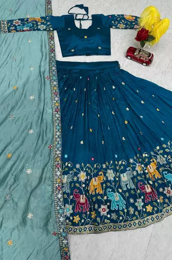teal blue Vichitra Silk Heavy Thread Sequence Work Lehenga Choli Set with Dupatta,Fully Stitched Lehenga-Blouse