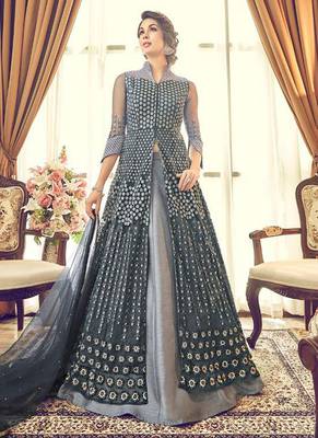 Grey Net Heavy Embroidered Designer Semi Stiched Suit 1