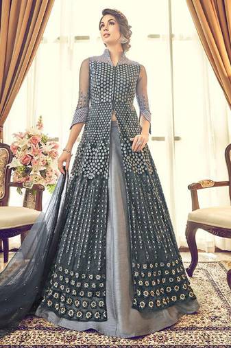 Grey Net Heavy Embroidered Designer Semi Stiched Suit
